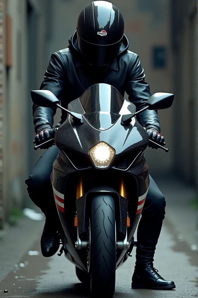 A man in black clothes wearing a black helmet and standing on a Repsol CBR motorbike