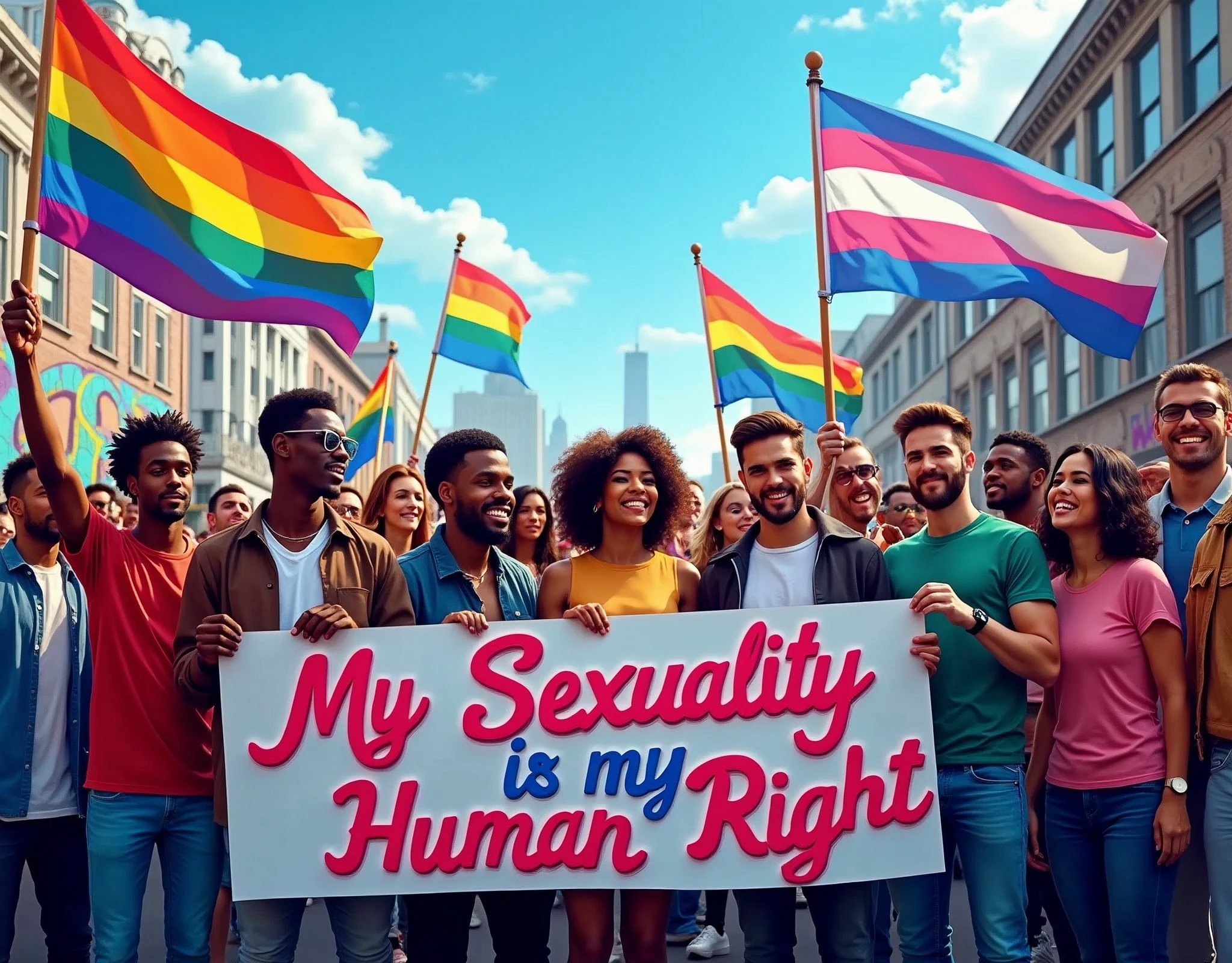 A powerful and striking image of a diverse group of men and women, both Black and white, standing together in solidarity . holding a vibrant, 3D cursive typography message on the protest banner reads "My Sexuality is my Human Right." Rainbow flags and Transgender flags flutter in the background against a blue sky and city skyline, emphasizing the LGBTQ+ presence. The atmosphere is light and airy filled with pulsating energy, capturing the strength, love, and support that emanates from this inclusive and accepting gathering. The graffiti on the walls around them adds a layer of vibrant color and urban edge, further fueling the sense of unity and activism., vibrant, graffiti's, the style is vector art