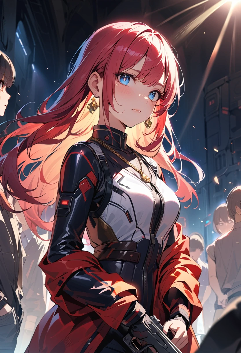 masterpiece, Highest quality, (((Ruined battlefield)))、(((Face of pain)))、Raising awareness, Small firearms, プラチナEarrings, Platinum Necklace, Black bikini combat suit,Carrying a weapon, 5People Girls, cute, (Dynamic Lighting:1.2), Cinema Lighting, Delicate facial features, Detailed eyes, Sharp pupils, Realistic student, Written boundary depth, ボケ Written boundary depth, Sharp focus, (Very detailed, bloom, Shine:1.4), Lots of little gems, (((long_hair))), Twin tails、Earrings、分けた前hair、黒hair、whole body、Ultra close-up footage、The top is transparent up to the chest.、See-through design。The bottoms are a very short navy blue pleated skirt.、Fits snugly around the waist。The background is simple white.、this、The text is easier to see.。The light source is a soft light from the front....、The overall atmosphere is bright and clean....。