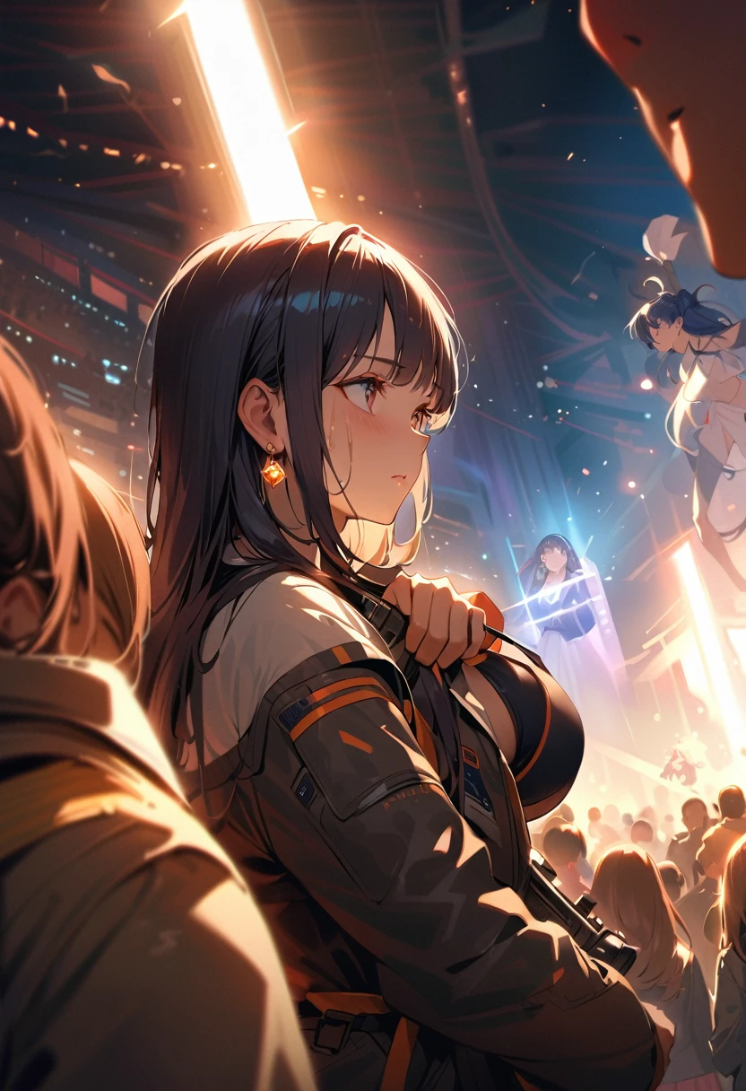masterpiece, Highest quality, (((Ruined battlefield)))、(((Face of pain)))、Raising awareness, Small firearms, プラチナEarrings, Platinum Necklace, Black bikini combat suit,Carrying a weapon, ５People Girls, cute, (Dynamic Lighting:1.2), Cinema Lighting, Delicate facial features, Detailed eyes, Sharp pupils, Realistic student, Written boundary depth, ボケ Written boundary depth, Sharp focus, (Very detailed, bloom, Shine:1.4), Lots of little gems, (((long_hair))),　Twin tails、Earrings、分けた前hair、黒hair、whole body、Ultra close-up footage、The top is transparent up to the chest.、See-through design。The bottoms are a very short navy blue pleated skirt.、Fits snugly around the waist。The background is simple white.、this、The text is easier to see.。The light source is a soft light from the front....、The overall atmosphere is bright and clean....。