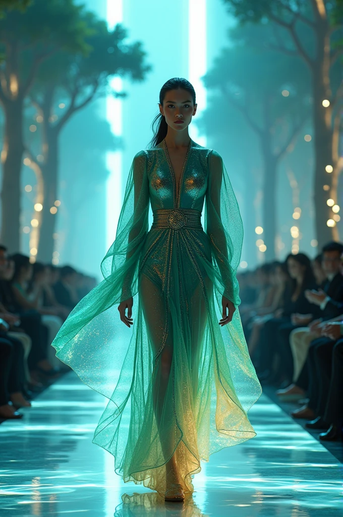 **award-winning art photograph:** A runway illuminated by cascading soft golden lights, showcasing avant-garde fashion designs in a fusion of futuristic and organic materials. The model, exuding confidence, strides down the catwalk, adorned in a flowing garment that combines iridescent fabrics with delicate metallic accents. The setting is a blend of ultra-modern architecture with nature-inspired elements, such as towering glass trees and digital waterfalls. The audience, a mix of elegantly dressed attendees and holographic figures, watches in awe as the model's attire subtly shifts color with each step, reflecting the innovative use of smart textiles. The air is filled with the ethereal sound of digital chimes, adding a surreal, dreamlike atmosphere to the scene. The photograph captures the moment with hyper-realistic detail, utilizing dramatic lighting techniques reminiscent of Helmut Newton, highlighting the contrast between the smooth, polished surfaces and the soft, flowing fabrics. The color palette is dominated by deep, iridescent blues and vibrant emeralds, with touches of warm golds that enhance the futuristic, yet natural aesthetic.
**--v 6.0 --ar 16:9 --q 2 --stylize 1000**