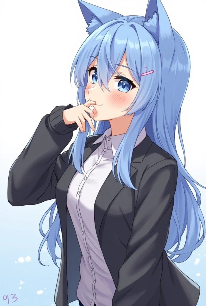  One girl, Animal ears, blue eyes, Long Hair, Blue Hair, Long sleeve, bangs, Cat ear, Upper Body, Focus Only, hair ornaments, Sleeves are longer than the wrist, blush, White Background, collared shirt, Simple Background, shirt, View your viewers, Jacket, black Jacket, One side up, Hair between the eyes, Slope, ;3, Slope background, Blue background, Oral sex,Blowjob,nsfw,Sperm on face,Open your mouth,saliva,In heat,Porn,Licking the penis,Sexual expressions,Ecstatic,Lewd expression