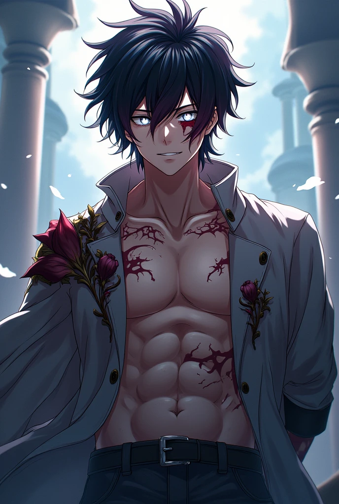 I need an anime-like image from the Mushoku Tensei Recarnation animation, A boy 190 centimeters tall, Black hair with reddish violet highlights., Masculine but pretty face, completely white eyes, A muscular and scarred mesomorph body., a scar on the left eye, light brown skin, a scar on the left eye