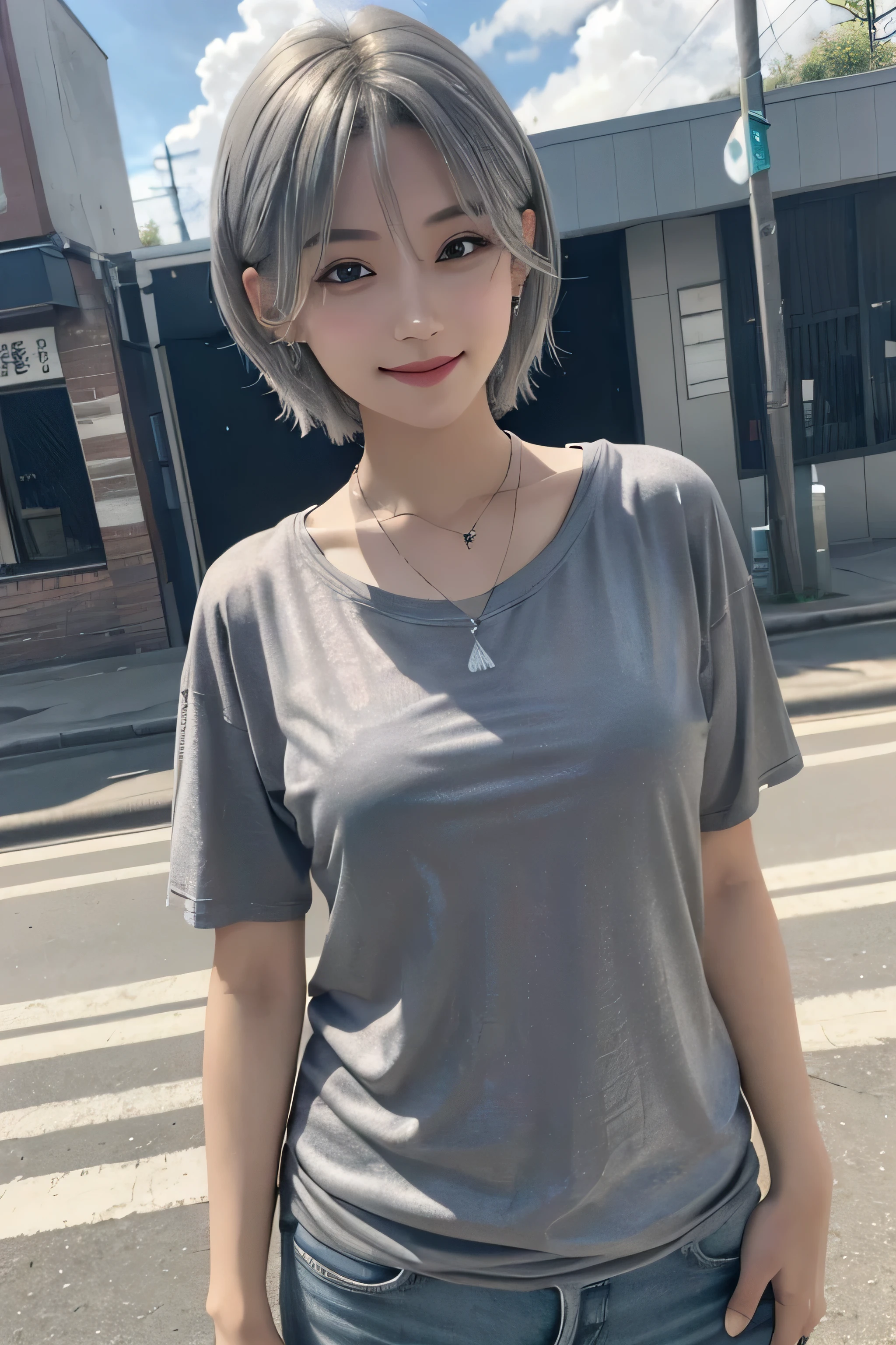 whole body、Realistic Skin、Detailed skin、(Surreal) , (Like the picture:1.4),(Increase the resolution), (8k), (Very detailed), (Beautiful and detailed), (Highest quality), (Very detailedな), (masterpiece), (wallpaper), (Detailed face), alone,1 girl, perfect beautiful japanese woman:1.4、19 years old、Looking at the audience, Subtle details, Detailed face, cloudy, Deep Shadow, A kind smile,Short Hair Silver Color Mesh,My hair is messy,(T-Shirts:1.2),Various poses,necklace,Pin on right ear,Attractive face, Mid-chest, Dynamic pose、feet、Town、Standing posture、