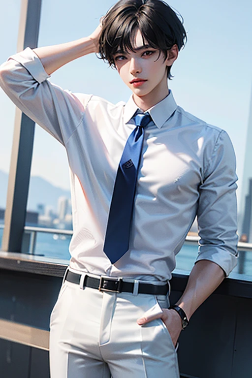 black hair, white skin, Age 18, super detail, masterpiece, 8k, 1 boy, Handsome, High Quality, refreshing, Blue, school background, Short hair, Moderate lean muscle, blue tie, white shirt, white pants,