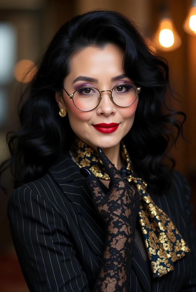 With long, curly black hair、Heavy makeup and purple eyeshadow、Around her neck she wears a ribbon-shaped satin black and gold patterned scarf.、Wearing gold-rimmed glasses、Wearing long gloves made of black floral lace、A Japanese woman in her 50s wearing a black striped suit、Bright red lipstick