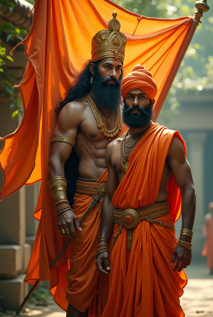 A man of Hindu religion with Bajrangbali standing and holding a saffron flag in his hand