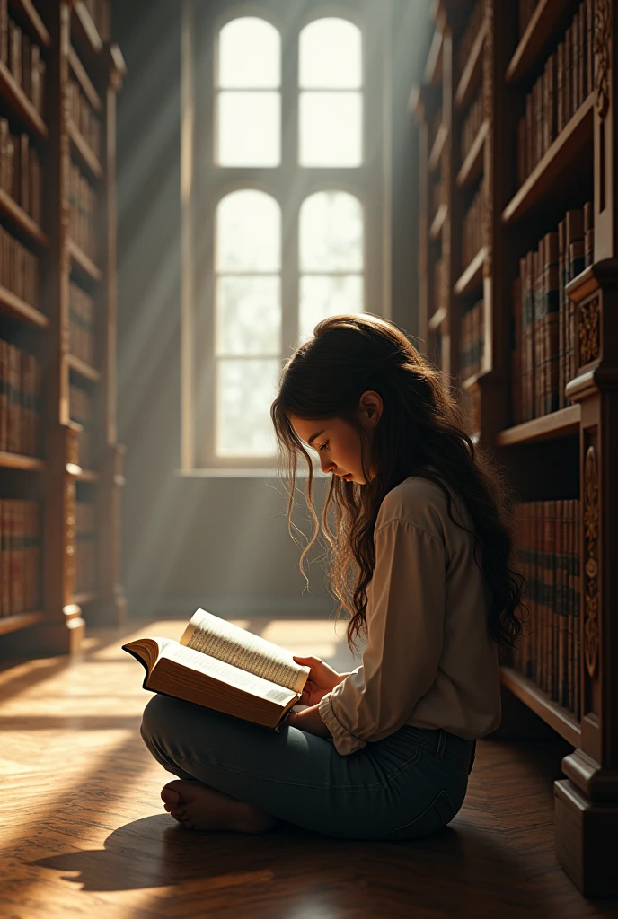 Make 4k picture of alone girl, using sitting on the libary floor, make hair more thicker, reading bible and shows bible name don't change girl picture, no previous girl