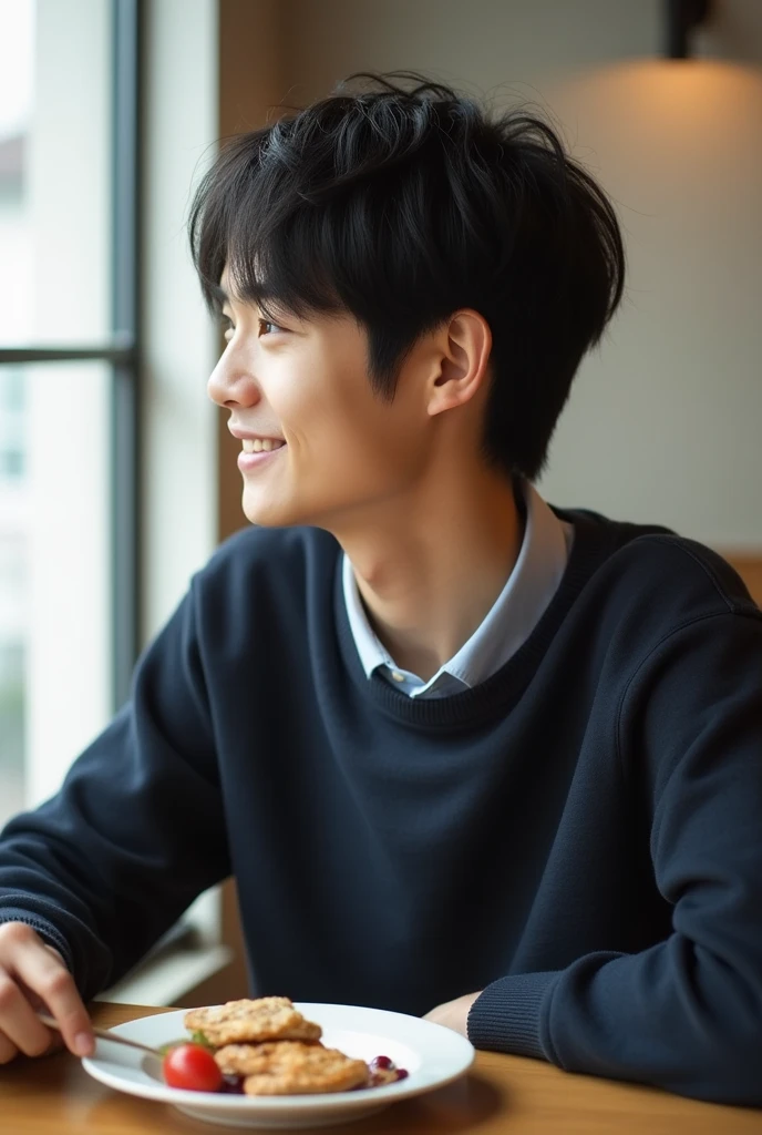 23 years old　Japanese　male 　university student　Hairstyle parted in the center　　I can see your forehead　Simple Outfit　The color of the clothes is monotone　Face orientation is profile　　Cafe　A photo taken by accident　　smile　During meals　