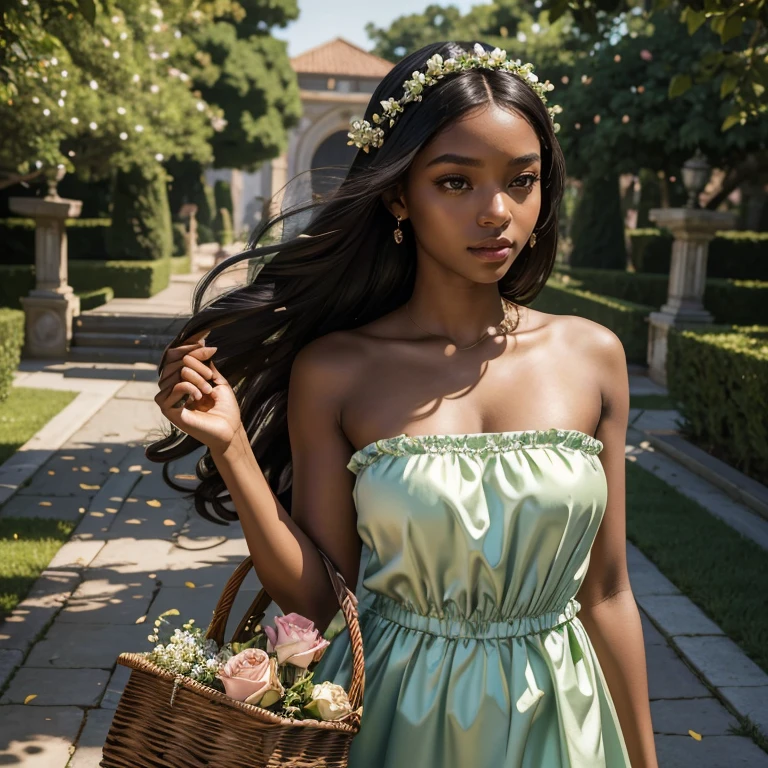 (​masterpiece, best quality:1.5), highest quality, High resolution, super detailed, Realists, Upper body photo of a 22 year old black flower girl, dark skin, detailed and beautiful eyes, beautiful detailed lips, very detailed eyes and face, longeyelashes, 22-year-old woman in a green short dress made of shiny satin fabric, Beautiful and colorful makeup, elegant and noble々Pose,shiny satin headband, grind, Holding flowers, Gardens as background, soft daylight, bright colors, fine brushstrokes, Portrait style, Noble details in the dress fabric, beautiful color palette, glowing skin, First-class rendering, that captures every detail, enchanting atmosphere, subtle shadows and lights, (perfect anatomy:1.2), (The stunning 22-year-old flower girl carries a basket of rose petals. Looks surprised (magnificent panorama view:1.2)
