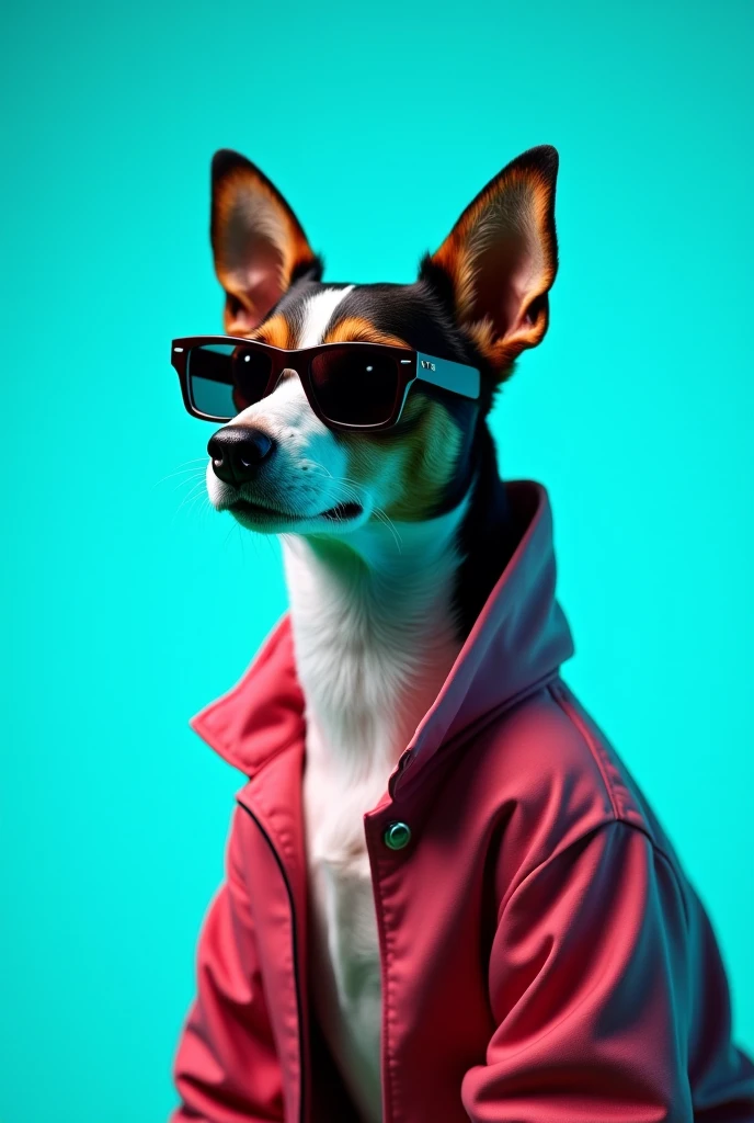 The best cell phone wallpaper, Award-Winning Wallpaper, portrait photography, In the front view is a portrait of a cute dog wearing mid-1960s space age fashion, Side view photo, Shot with Canon EOS R5, Set a strong contrast that accentuates the subject, Fluorescent blue tone, Wearing a very modern coat and sunglasses is a modern 1960s style, Clothes all in one color, beautiful background