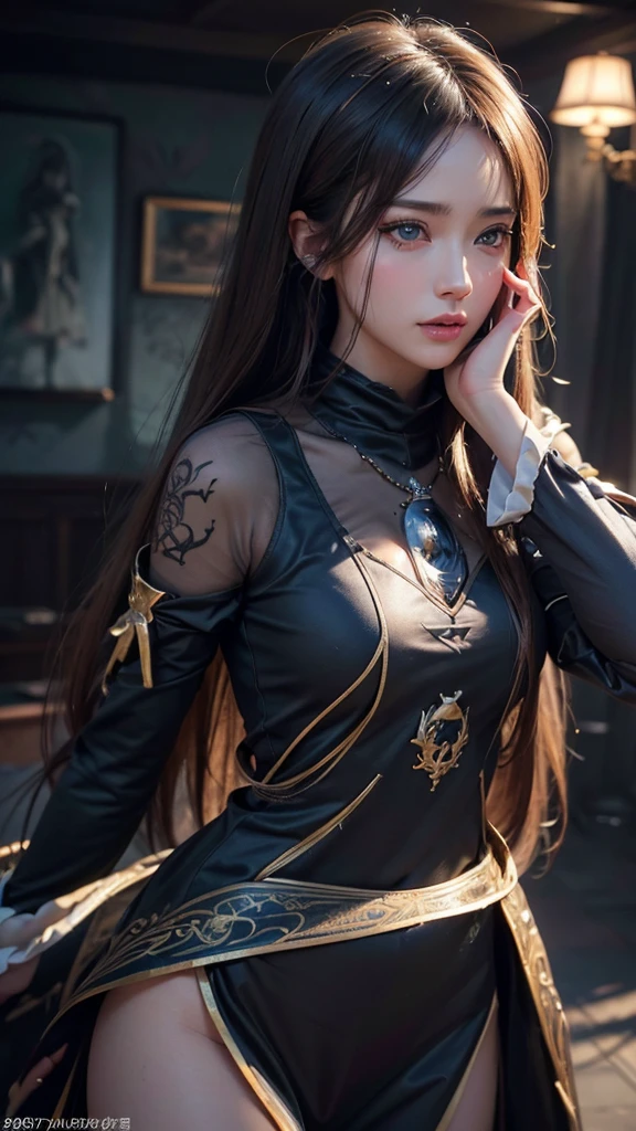 1 girl, beautiful detailed eyes, beautiful detailed lips, extremely detailed eyes and face, long eyelashes, anime style, detailed facial features, detailed clothing, intricate details, dark fantasy, dark magic, evil eye, dramatic lighting, cinematic composition, digital art, (best quality,4k,8k,highres,masterpiece:1.2),ultra-detailed,(realistic,photorealistic,photo-realistic:1.37),HDR,UHD,studio lighting,ultra-fine painting,sharp focus,physically-based rendering,extreme detail description,professional,vivid colors,bokeh