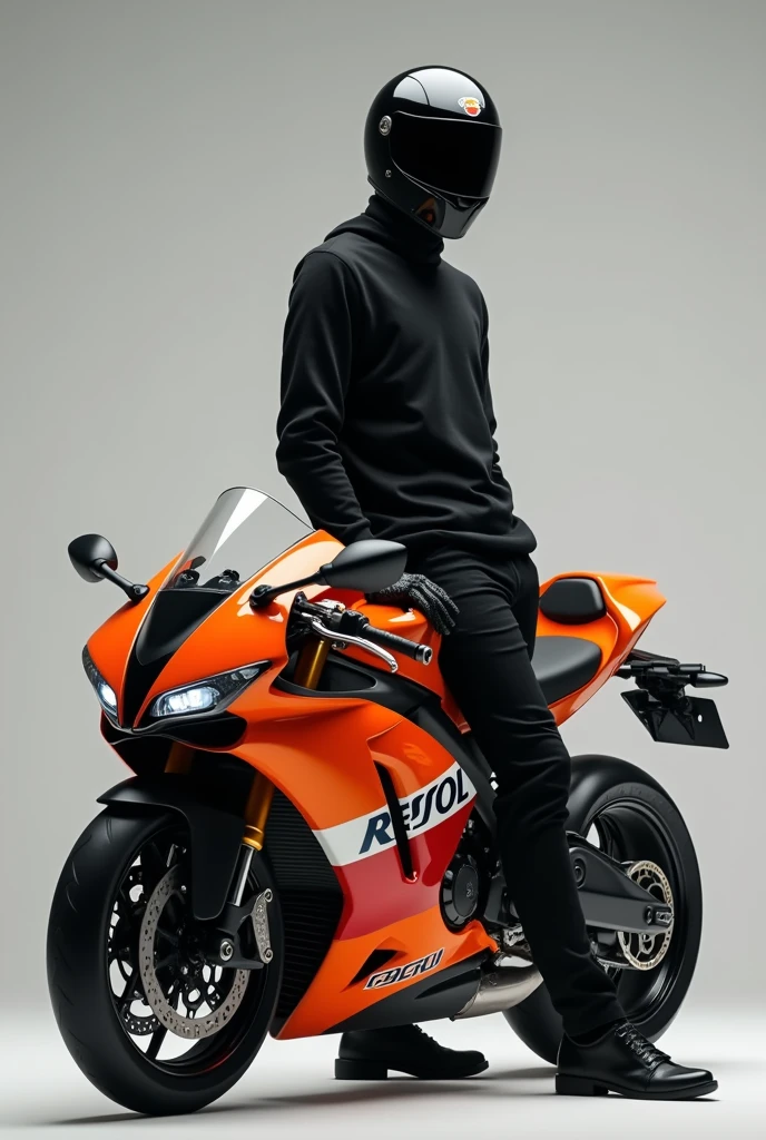 A man in black clothes wearing a black helmet and standing on an orange Repsol CBR motorbike