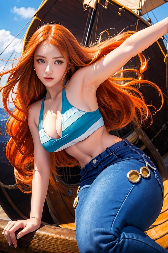 (((masterpiece+highest quality+High resolution+super detailed))), we\(one piece\), long silky orange hair, high nose, clear eyes, noble and inviolable temperament, (([woman]: 1.2 + [beauty]: 1.2 + orange long hair: 1.2)), pirate ship background, (one piece), blue sky, bracelet, Bubble, cloud, denim, pants, shoulder tattoo, bright eyes, dywec angle and posture. Riski Aryani name