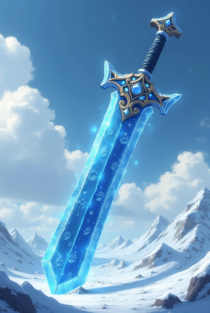 The photo shows a giant anime-style sword, Powerful、With icy blue reflections. The handle is very elegantly decorated、It's like it's made of ice. The top of the blade has bear paw prints engraved on it.、Snow Mountain、The sheath is long、The sword is on the ground