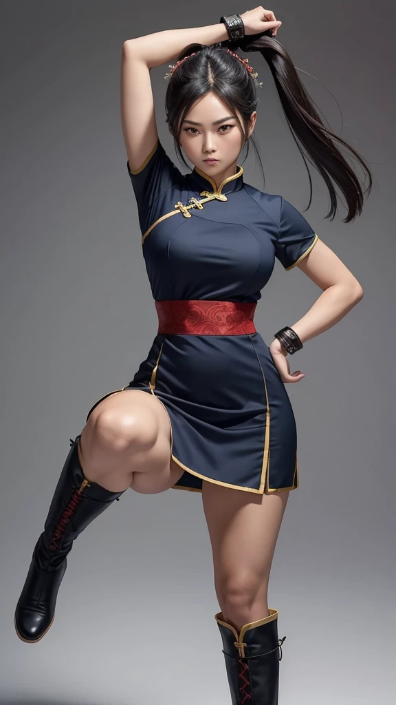 Here is a detailed description of the character's appearance based on the image provided:
- **Head:**
- Dark brown hair styled in two buns on either side of the head, secured with white ribbons.
- Light skin tone with a determined and focused expression.
- Dark brown eyes with a sharp, intense gaze.
- Wearing minimal makeup, with a natural look.
- **Upper Body:**
- Wearing a traditional Chinese qipao dress in a vibrant blue color with yellow trim.
- The dress has short, puffed sleeves and a high collar, typical of the qipao style.
- The upper body is covered by the dress, which fits snugly and accentuates the character's athletic build.
- Black spiked bracelets on both wrists, adding a combative and edgy element to the appearance.
- **Lower Body:**
- The qipao dress extends to mid-thigh, allowing for high mobility and showcasing the character's powerful legs.
- The legs are muscular and toned, emphasizing the character's strength and agility.
- The character is wearing sheer, dark stockings that highlight the muscularity of the legs.
- **Feet:**
- Wearing white, calf-high boots with a slight heel.
- The boots are laced up and provide sturdy support for the character's dynamic movements.
- **Pose:**
- The character is in an action pose, with one leg raised high in a powerful kick, demonstrating flexibility and combat skill.
- The stance is dynamic and energetic, with the skirt of the qipao flowing to suggest movement.
- **Overall Appearance:**
- The character exudes strength, agility, and precision, embodying a martial artist's spirit.
- The combination of the traditional qipao dress with combat-ready accessories like the spiked bracelets and sturdy boots creates a blend of elegance and power.
- The dynamic pose and focused expression suggest a character who is both graceful and formidable in battle.
One girl, solo, Large Breasts, Simple Background,