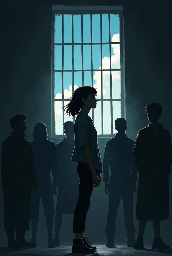 fille qui regarde le ciel dans une fenêtre de prison, se tenant debout devant 5 hommes le visage caché, dans une pièce sombre