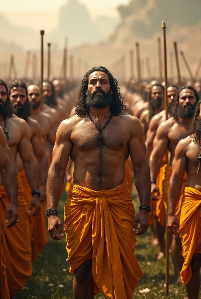  a backdrop depicting a battlefield in grasslands with hundreds of Hanuman army with huge muscular body with divine and devotional facial expressions. The image could show monkey army standing strong and devotional by holding gada over shoulder, creating a sense of strength and determination. It would be quite an impactful wearing saffron cloth. Background should ten monkey army and hundreds of army backside with bulk body and holding gada