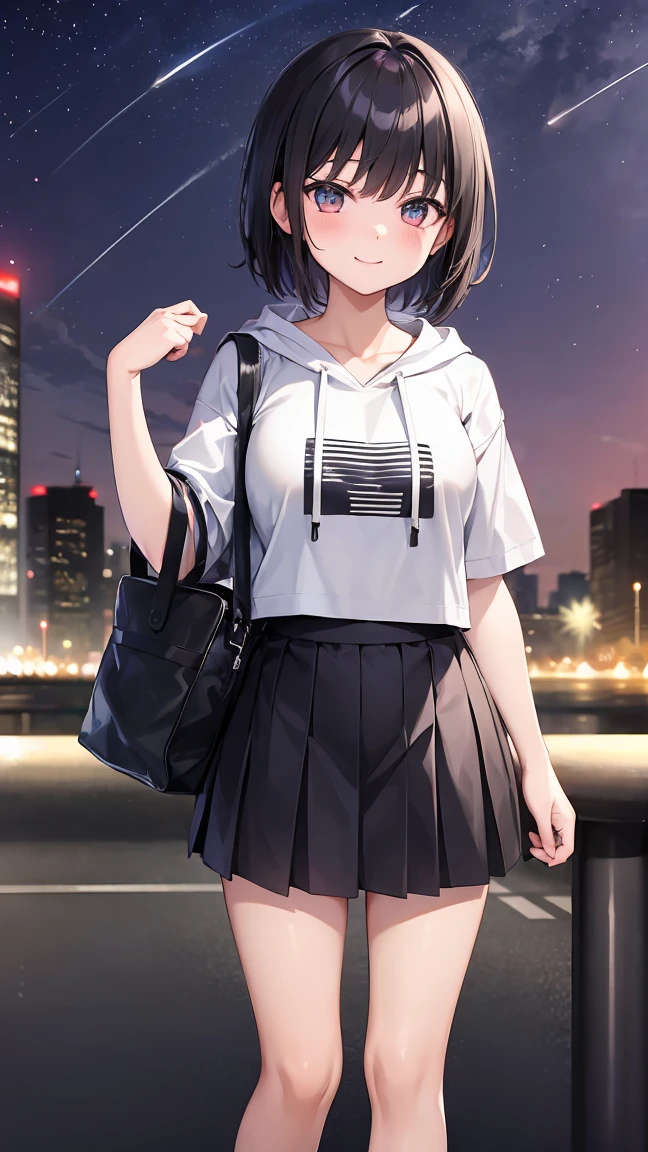 A  teenage woman stands in a park at night。She wears a hoodie、mini skirt、I&#39;m wearing shoes。She is posing seductively with a big smile.、Her short hair and shiny skin are impressive.。What really catches your eye are her huge breasts.。The whole body is shown.、The image of 1girl is clearly depicted.。