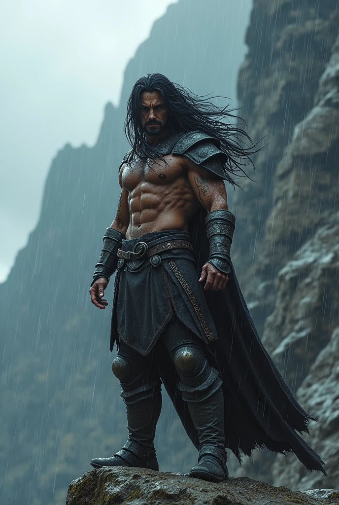 On a mountain, in rainy weather, a warrior with very long black hair has an aggressive attitude