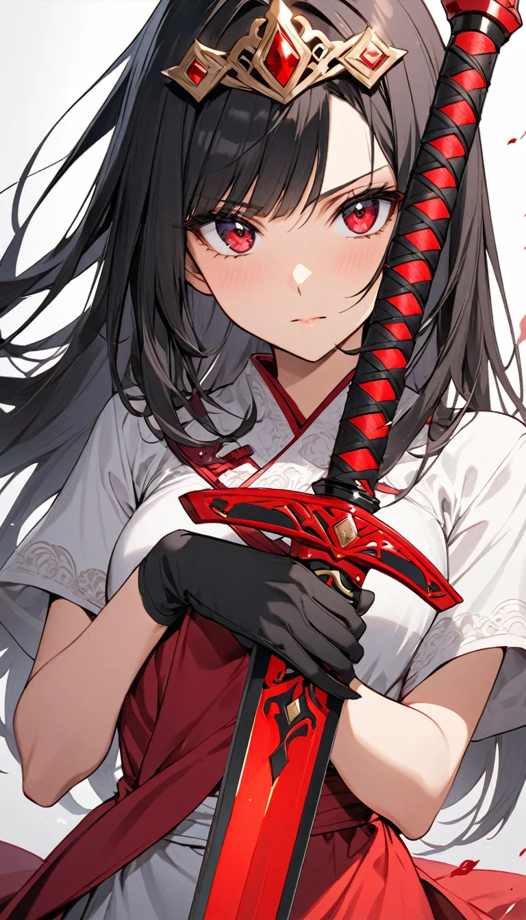 MAKE A PHOTO OF A MATURE WOMAN ANIME CHARACTER "QUEEN MEDUSA" HIGHLIGHTING SHARP EYES , BLACK HAIR UNLOCKED, THE QUEEN'S TRIANGLE CROWN SHAPED IS RED, IN THE DONGHUA MANGA SERIES "WITH THE TYPICAL CHIRI OF A KIYO-KIYO DRESS THAT IS NOT SEXY IN RED. AND HOLDING A RED SWORD.
