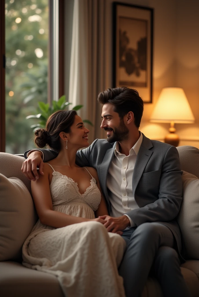 A man and woman sitting on a sofa