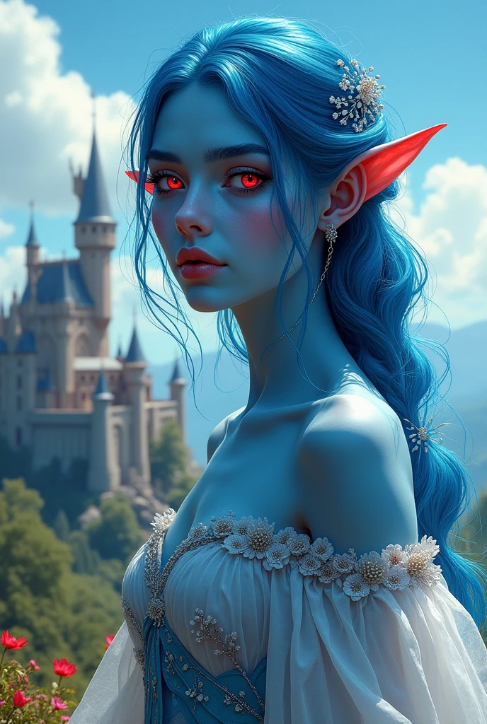 Blue skin woman, Red iris, flowered dress, clear sky day, castle in the background, painting-like