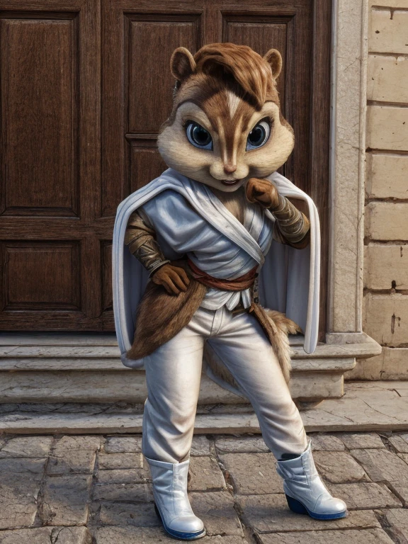 score_9, score_8_up, score_7, score_6, Florence, brittany miller, chipmunk, furry, short ears, white Assassin's Creed robe, white hood, white cape, white pants, white gloves, white boots, looking at viewer, 6 inches tall