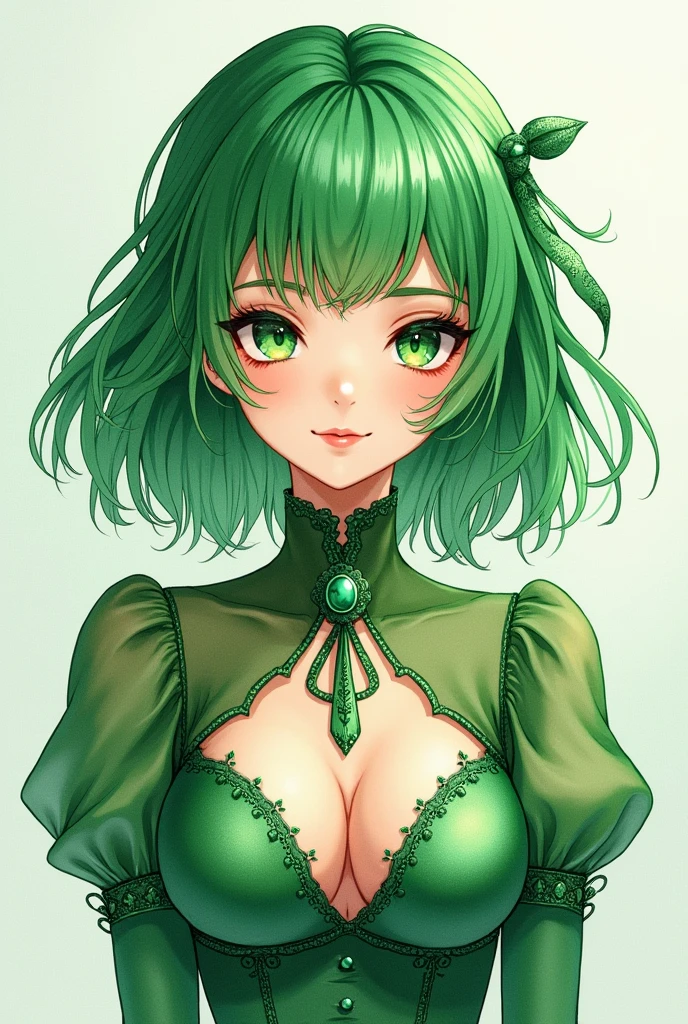 A captivating female with vibrant green hair and fascinating anime-inspired features. The topic is confidently pristine, her lush tide green dress with plunging neckline featuring a turtleneck and delicate emerald accents , creating an enchanting world of shades The intricate details and enigmatic character cartoon fashion watercolor high socks green tones , marked weights