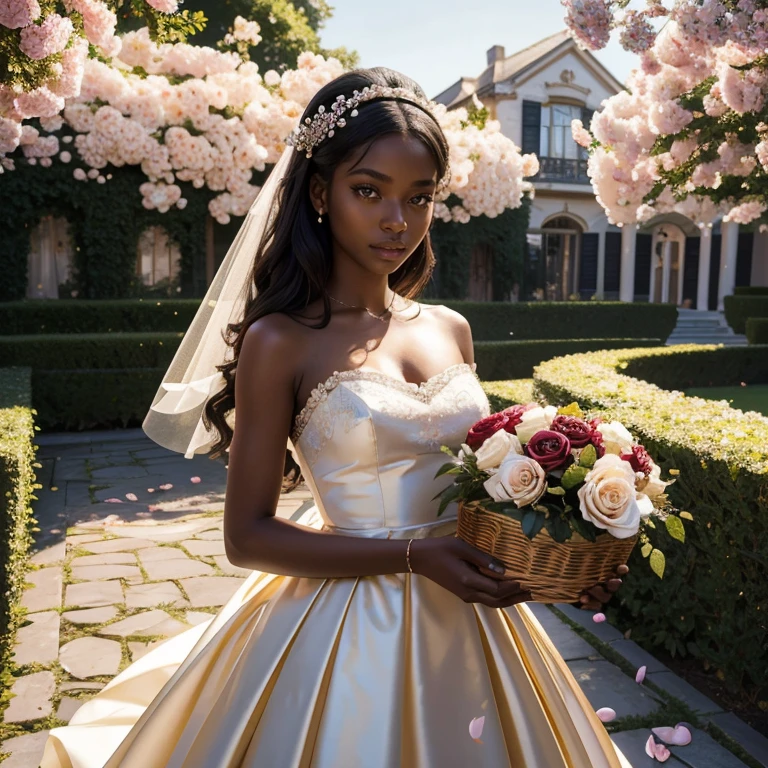 (​masterpiece, best quality:1.5), highest quality, High resolution, super detailed, Realists, Upper body photo of a 22 year old black flower girl, dark skin, detailed and beautiful eyes, beautiful detailed lips, very detailed eyes and face, longeyelashes, 22-year-old woman in a black short dress made of shiny satin fabric, Beautiful and colorful makeup, elegant and noble々Pose,shiny satin headband, grind, Holding flowers, Gardens as background, soft daylight, bright colors, fine brushstrokes, Portrait style, Noble details in the dress fabric, beautiful color palette, glowing skin, First-class rendering, that captures every detail, enchanting atmosphere, subtle shadows and lights, (perfect anatomy:1.2), (The stunning 22-year-old flower girl carries a basket of rose petals. (magnificent panorama view:1.2)