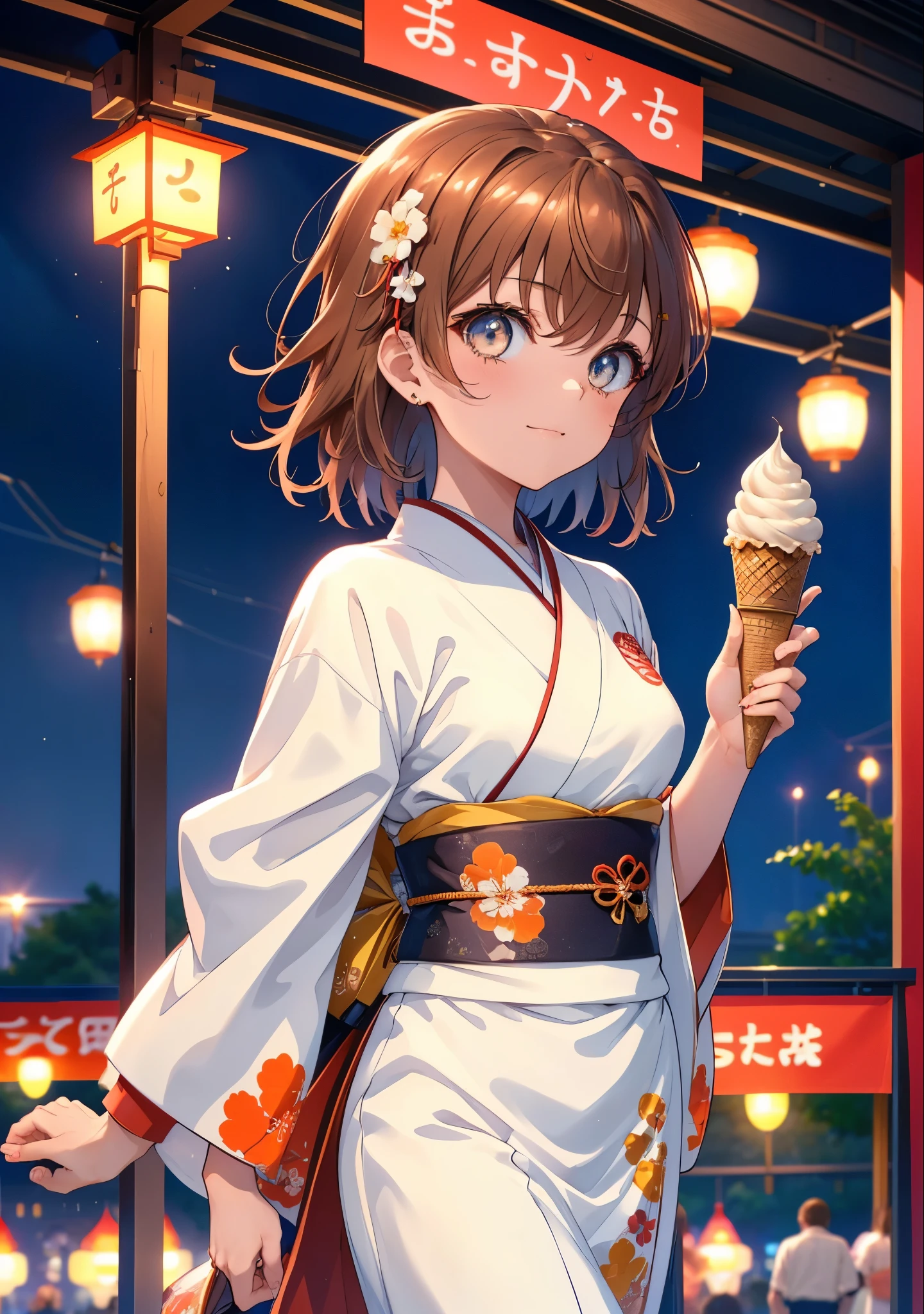 Mycotrose, Brown eyes,Brown Hair,short hair,One side up,Flower Hair Ornaments,Open your mouth,smile,White Kimono,Long skirt,Sandals,Holding ice cream in one hand,日本のfestival,夏festivalの屋台,Red lantern,whole bodyがイラストに入るように,night,
break looking at viewer,whole body, break outdoors, festival,shrine, break (masterpiece:1.2), Highest quality, High resolution, unity 8k wallpaper, (shape:0.8), (Beautiful and beautiful eyes:1.6), Highly detailed face, Perfect lighting, Extremely detailed CG, (Perfect hands, Perfect Anatomy),