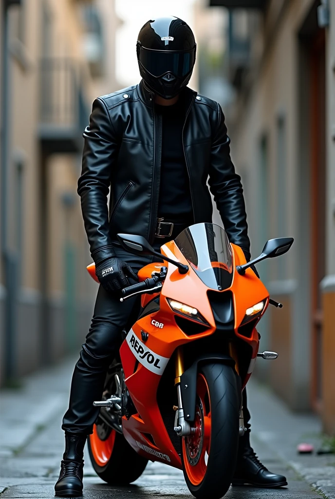 A man in black clothes wearing a black helmet and standing on an orange Repsol CBR motorbike