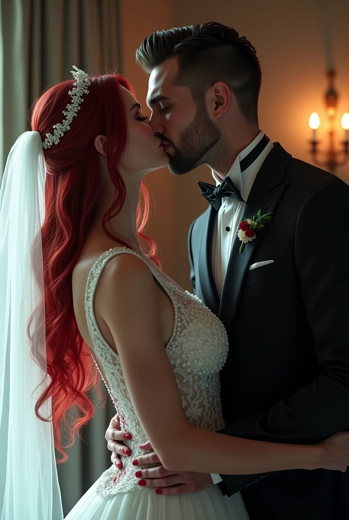 arafed, high details, best quality, 16k, [ultra detailed], masterpiece, best quality, (extremely detailed), dynamic angle, ultra wide shot, RAW, photorealistic, a wide angle picture of a vampire bride biting her groom, a [female vampire] bride (best details, Masterpiece, best quality) vampire female in a white wedding gown with bloody gown (best details, Masterpiece, best quality: 1.5), best detailed face (best details, Masterpiece, best quality: 1.5), ultra feminine, grey skin, red haired, long hair, wedding hair cut style, blue eyes, intense eyes, wearing white latex wedding dress bloody gown (best details, Masterpiece, best quality: 1.3), wearing white high heels, in the honeymoon suite (best details, Masterpiece, best quality: 1.4), biting the the groom, bloody face, BREAK a beautiful human man (best details, Masterpiece, best quality: 1.5), ultra detailed face (best details, Masterpiece, best quality: 1.4), wearing a wedding tuxedo (best details, Masterpiece, best quality), honeymoon suite background, Ultra-Wide Angle, high detail, award winning, best quality, HD, 16K, 3D rendering, high details, best quality, highres, ultra wide angle, 3D rendering, [[anatomically correct]]
