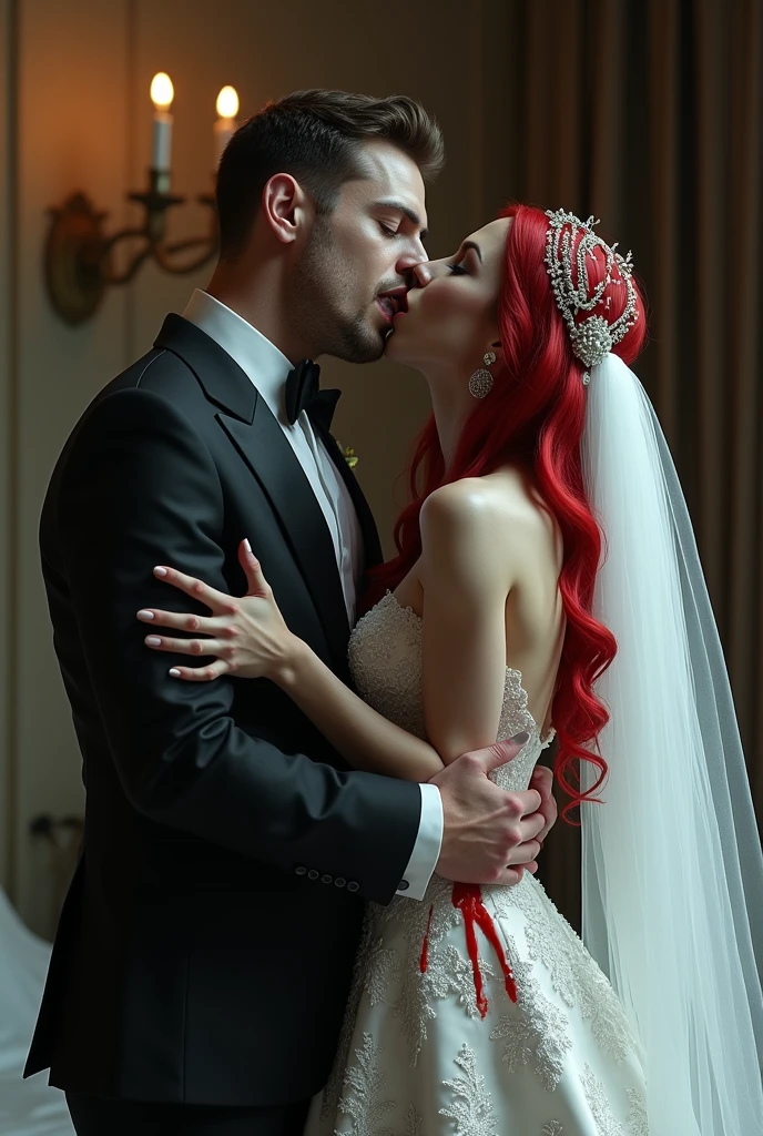 arafed, high details, best quality, 16k, [ultra detailed], masterpiece, best quality, (extremely detailed), dynamic angle, ultra wide shot, RAW, photorealistic, a wide angle picture of a vampire bride biting her groom, a [female vampire] bride (best details, Masterpiece, best quality) vampire female in a white wedding gown with bloody gown (best details, Masterpiece, best quality: 1.5), best detailed face (best details, Masterpiece, best quality: 1.5), ultra feminine, grey skin, red haired, long hair, wedding hair cut style, blue eyes, intense eyes, wearing white latex wedding dress bloody gown (best details, Masterpiece, best quality: 1.3), wearing white high heels, in the honeymoon suite (best details, Masterpiece, best quality: 1.4), biting the the groom, bloody face, BREAK a beautiful human man (best details, Masterpiece, best quality: 1.5), ultra detailed face (best details, Masterpiece, best quality: 1.4), wearing a wedding tuxedo (best details, Masterpiece, best quality), honeymoon suite background, Ultra-Wide Angle, high detail, award winning, best quality, HD, 16K, 3D rendering, high details, best quality, highres, ultra wide angle, 3D rendering, [[anatomically correct]]