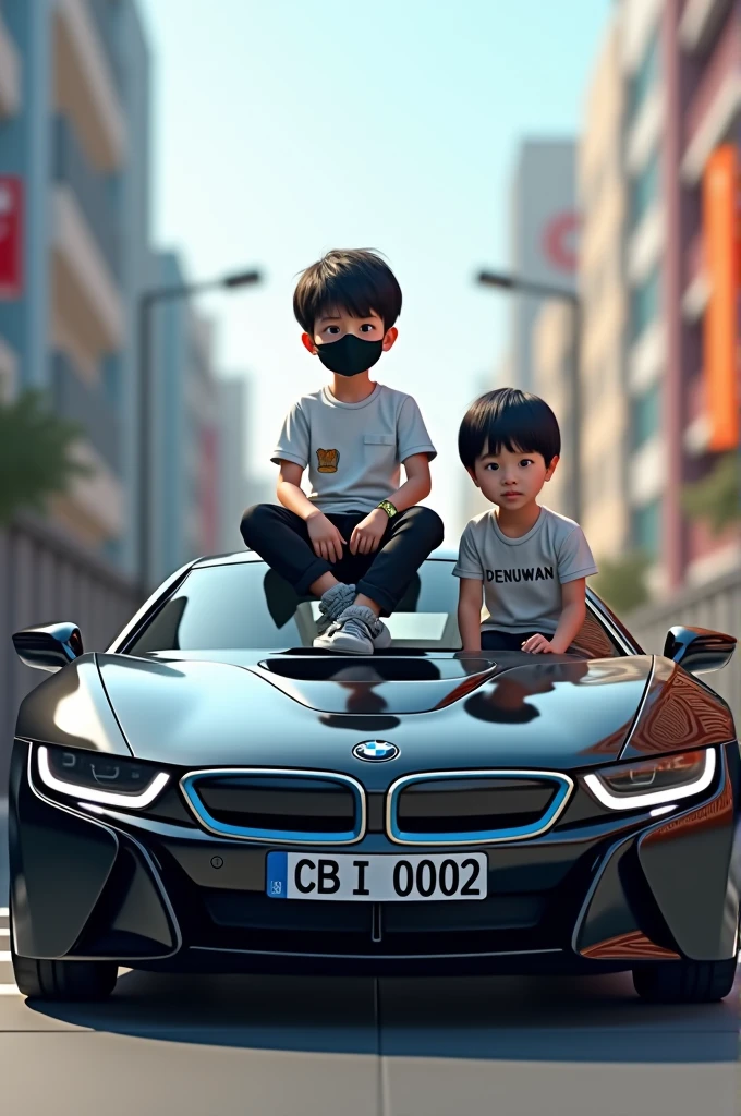 Put beautiful buildings in the background and blur the background. One boy is sitting on a BMW i8 black car and the number plate is CBI 0002. That boy is wearing a white  casual shirt with black long patch jeans and a black mask on his hair.  A 15-year-old boy wearing a Korean style has written DENUWAN on the front of his shirt.3d art painting realistic photo