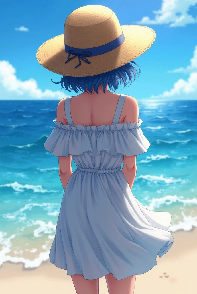 anime Ocean beautiful girl Straw hat Back view
