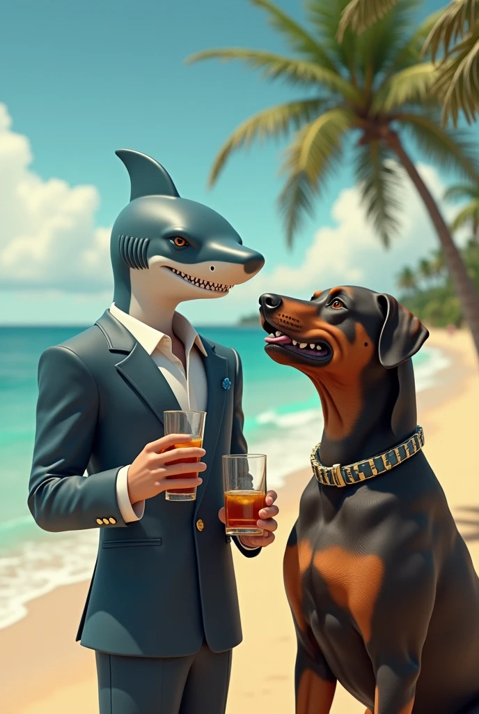 A shark boy gentlemen on the beach drinking with his rotweiler dog