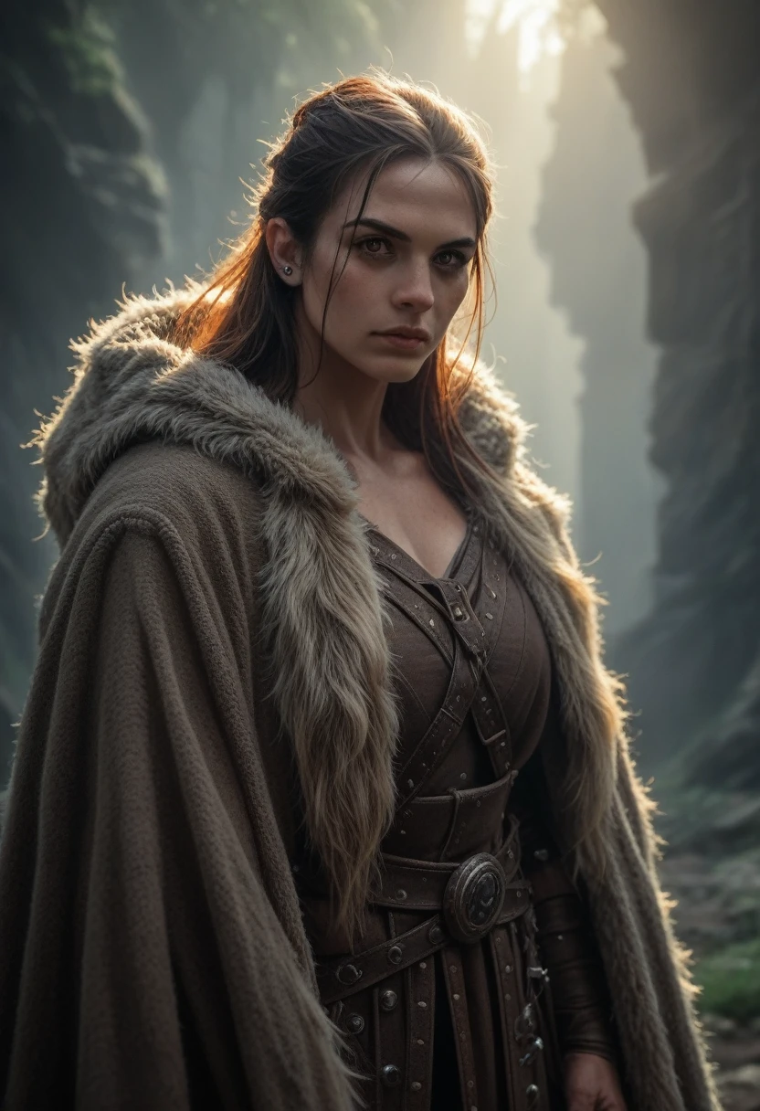 a rugged viking warrior girl, detailed , piercing eyes, muscular physique, fur cloak, holding battleaxe, dramatic lighting, epic fantasy scene, cinematic composition, unreal engine, 8k uhd, hyper detailed, photorealistic, intricate textures