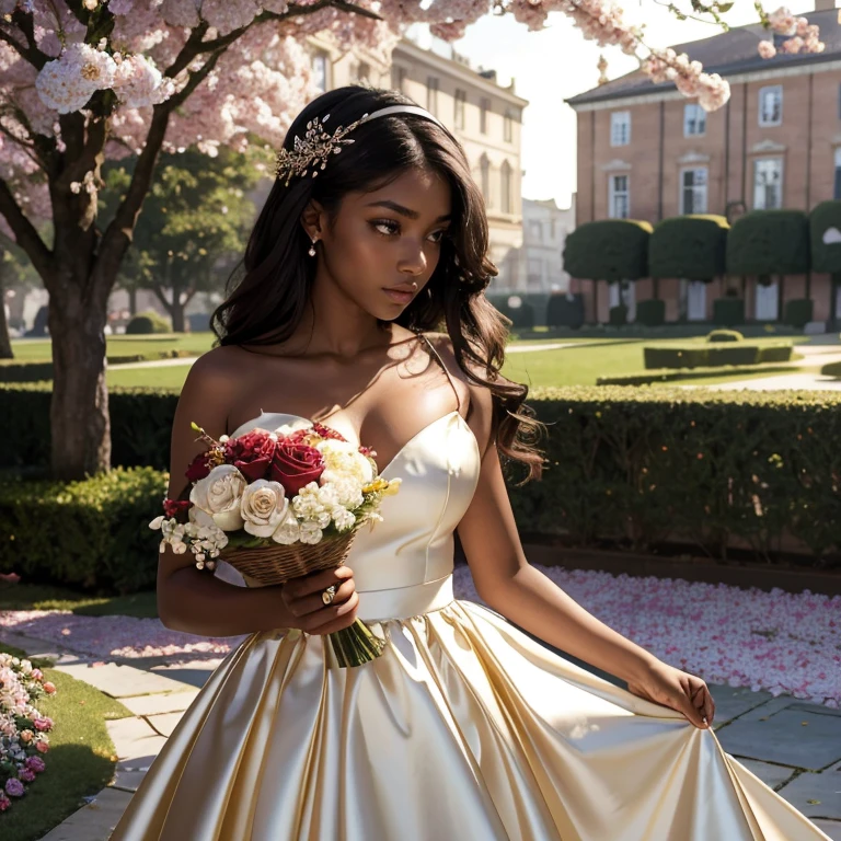 (masterpiece, best quality:1.5), highest quality, High resolution, super detailed, Realists, Upper body photo of a 22 year old black flower girl, dark skin, detailed and beautiful eyes, beautiful detailed lips, very detailed eyes and face, longeyelashes, 22-year-old woman in a brown short dress made of shiny satin fabric, Beautiful and colorful makeup, elegant and noble々Pose,shiny satin headband, grind, Holding flowers, Gardens as background, soft daylight, bright colors, fine brushstrokes, Portrait style, Noble details in the dress fabric, beautiful color palette, glowing skin, First-class rendering, that captures every detail, enchanting atmosphere, subtle shadows and lights, (perfect ???????:1.2), (The stunning 22-year-old flower girl carries a basket of rose petals. Looks surprised (magnificent panorama view:1.2)