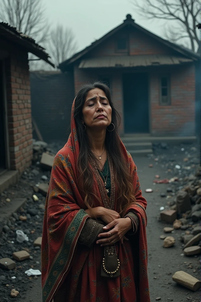 Create image of  Kashmiri pandit women crying infront of her burnet house
