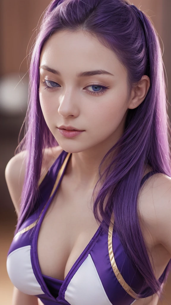 European girl. Facial details. Delicate facial features. Half-closed eyes. blue eyes. Long Straight Hairstyle. Purple Hair. A calm face. ((Sexy pose)). (Cheerleader Costume). Beautiful thighs. Beautiful bust. Beautiful background.