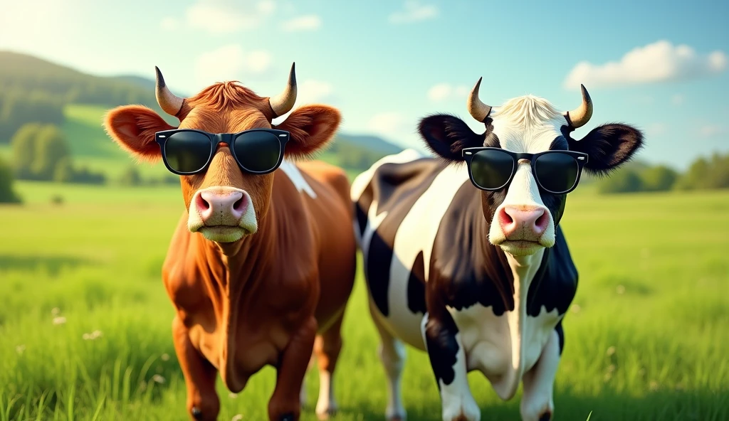 2 cows wearing sunglasses in green feald