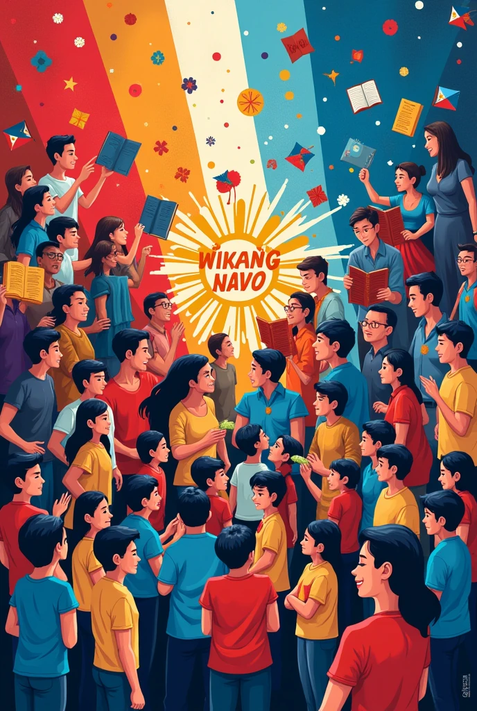 :
1. **Background**: Gumamit ng mga kulay ng bandila ng Pilipinas – pula, puti, at asul – bilang background.
2. **Text**: Isama ang mga salitang:
- "Wikang Nagpalaya"
- "Sa Wika Natin, May Laban Tayo"
- "Pahalagahan ang Ating Wika para sa Kalayaan"
3. **Imagery**:
- Ilagay ang mga simbolo ng kasaysayan tulad ng mga bayani ng kalayaan, mga aklat, at mga instrumento ng sining.
- Gumamit ng imahen ng mga tao na magkakasamang nakikipag-usap sa isang masaya at maayos na kapaligiran.
: