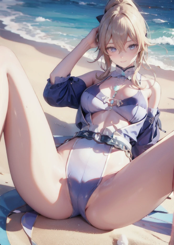 smile, blue bikini, sit and spread her legs wide apart, spilling white milk on her legs, on the beach,