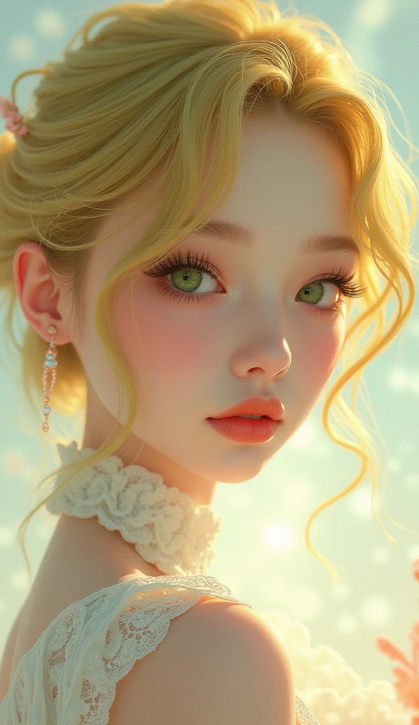 A young and beautiful girl with delicate makeup, large green eyes, long eyelashes, yellow hair in a fashionable hairstyle, and a white collar around her neck. This is a close-up photo with a holographic background, using soft pastel colors, influenced by the style of the artist Hsiao Ron Cheng. The shot is a front upper body view with an abstract background. The style is reminiscent of Korean comics with fairy tale elements, characterized by gentle hues, exquisite detailing, and perfect details, all captured in 16K high-definition resolution.