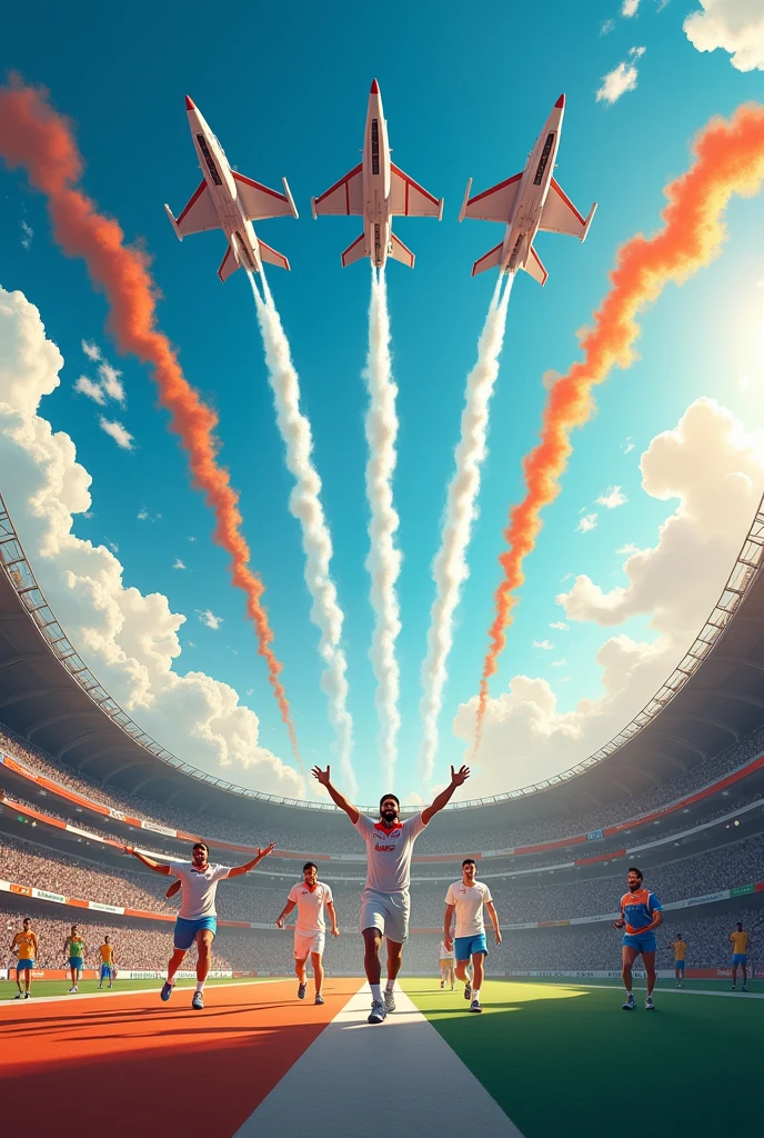 In background one stadium with colour of saffron, white and green. Where first half of image Indian cricket team celebrating T20 worldcup wining movment and second part of images Indian athelete medal winning movment in Paris Olympic 2024. On top along with clouds 3 fighting jet flying with releasing fogg in saffron, white and green colour respectively.