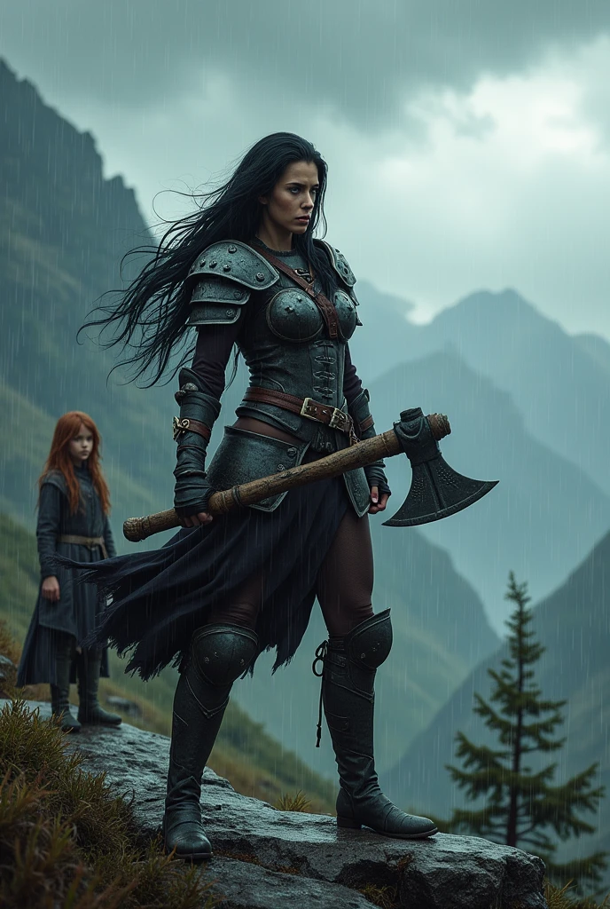 Sur une montagne, par temps de pluie, une guerrière femme au très long cheveux noir a une atitude agressive et elle tien une hache dans sa main, derrière elle se tient un petit garçon au cheveux roux