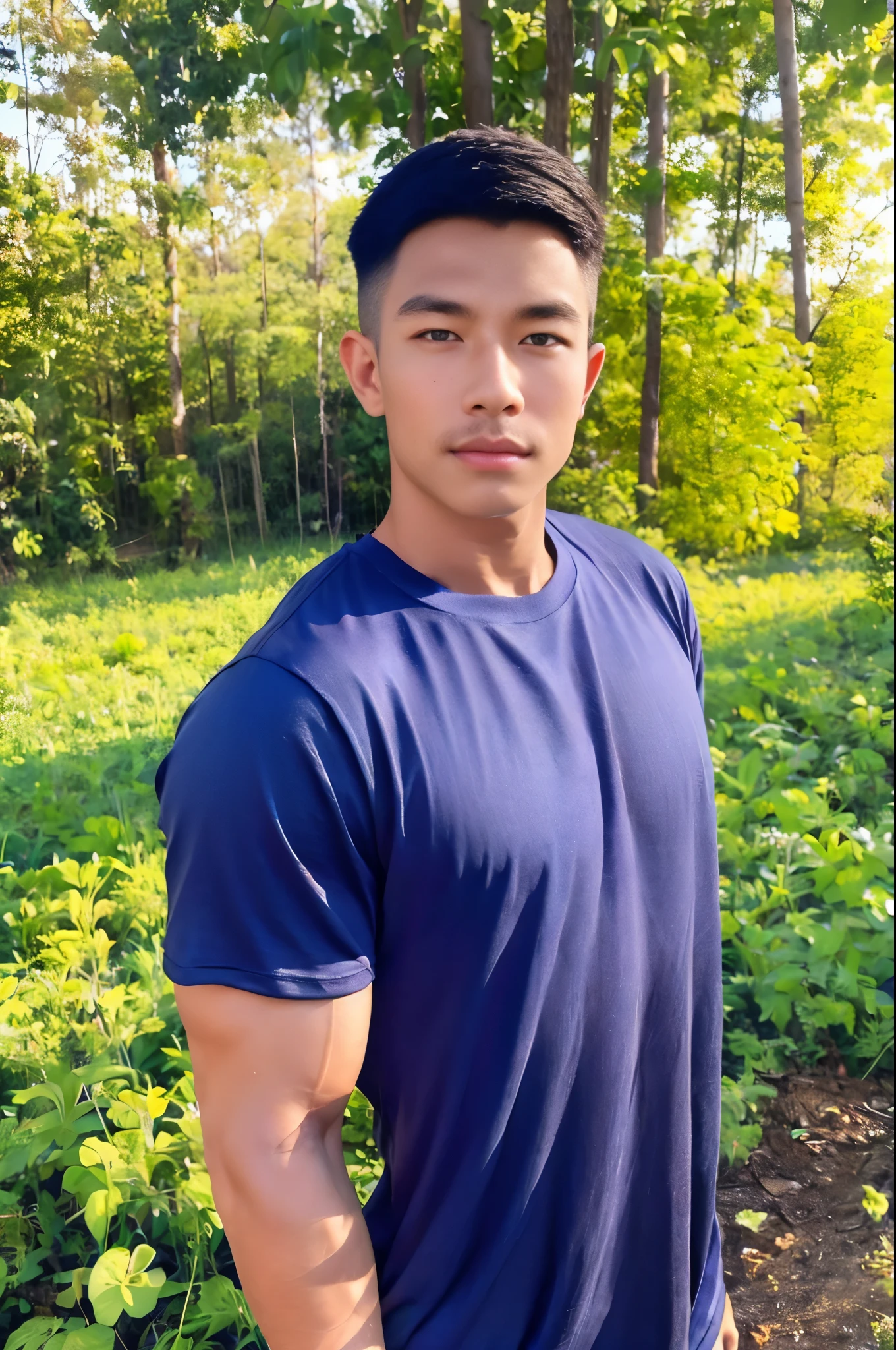 armface , Handsome young man standing, (have a mustache:1) ,(buzz cut:1.1), (short hair:1.2), The forearms are muscular., (Tight T-shirt:1.5),(Navy blue shirt:1.5),Jeans, Big muscles, Handsome and muscular, full body angle, (rice field:1.1), natural light