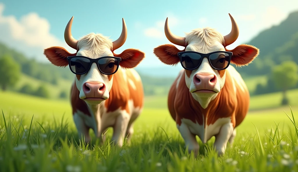 2 cows wearing sunglasses in green feald