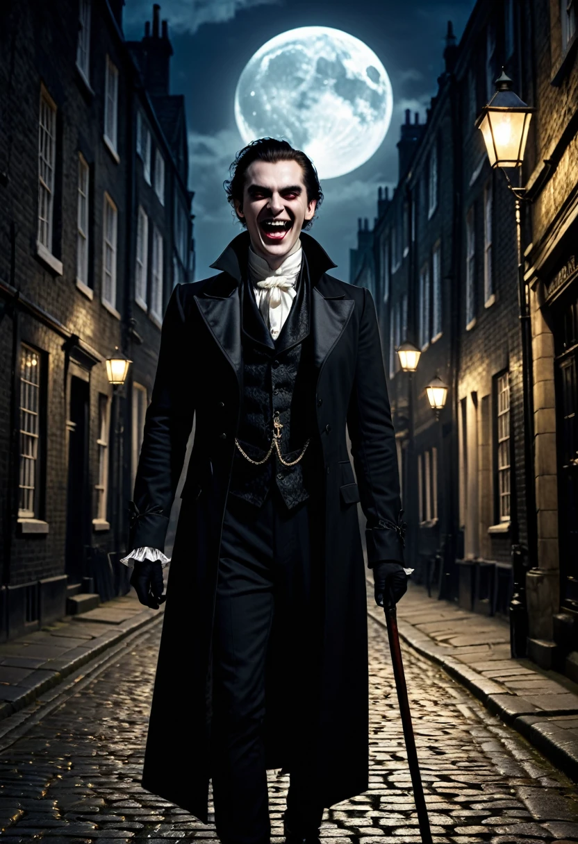 a vampire with a pale face laughing under the full moon, 19th century london, cobblestone streets, unnervingly symmetrical features, jet black clothing, holding a cane, professional lighting, professional camera, cinematic composition, dramatic chiaroscuro lighting, moody atmosphere, gothic architecture, (best quality,4k,8k,highres,masterpiece:1.2),ultra-detailed,(realistic,photorealistic,photo-realistic:1.37),dramatic lighting,chiaroscuro,dark and moody,gothic horror,cinematic,intricate details,cinematic composition,dramatic angles